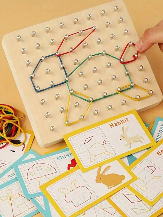 Wooden Geometric Math Educational Toy, Nail Board Puzzle With 30 Double-Sided Cards And Elastic Bands, Develops Thinking