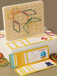 Wooden Geometric Math Educational Toy, Nail Board Puzzle With 30 Double-Sided Cards And Elastic Bands, Develop – Bumble &