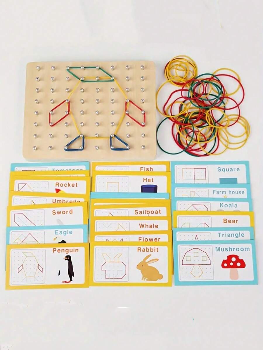 Wooden Geometric Math Educational Toy, Nail Board Puzzle With 30 Double-Sided Cards And Elastic Bands, Develops Thinking