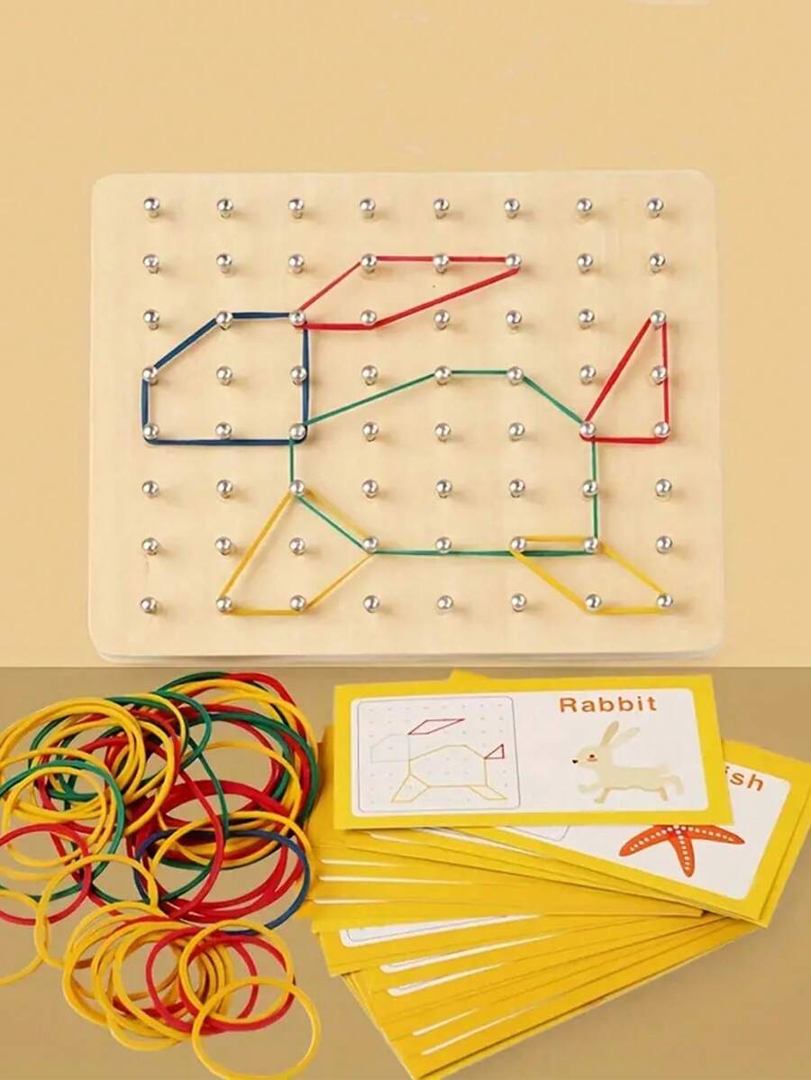 Wooden Geometric Math Educational Toy, Nail Board Puzzle With 30 Double-Sided Cards And Elastic Bands, Develop – Bumble &