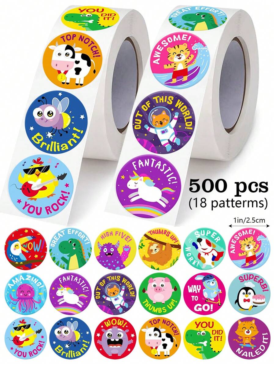 500pcs Roll Cartoon Animal Reward Doodle Stickers Suitable For Stationery Planner Teacher Encouragement Gifts Cards Firs