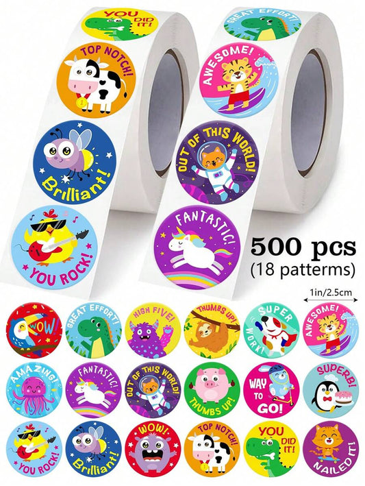 500pcs Roll Cartoon Animal Reward Doodle Stickers Suitable For Stationery Planner Teacher Encouragement Gifts Cards Firs