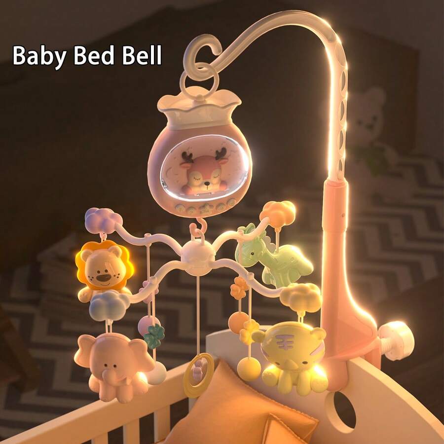 1 Set Pink Baby Crib Mobile Cartoon Deer Design Electric Rotating With Light And Music Cartoon Deer Electric Rotating Mu