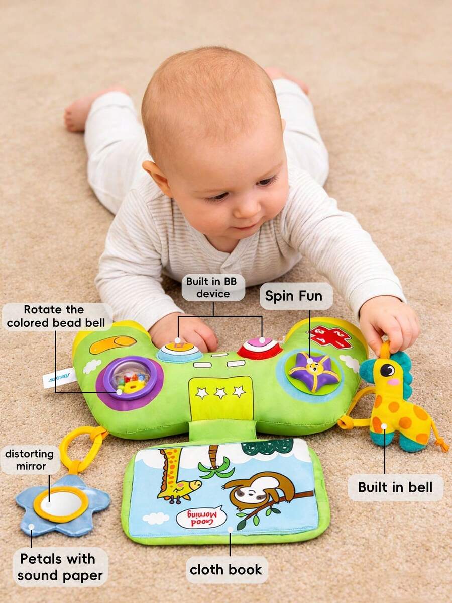 Multifunctional Newborn Sensory Plush Doll, Game Controller Design With Built-In Rattle, Cloth Book And Funny Mirror, In