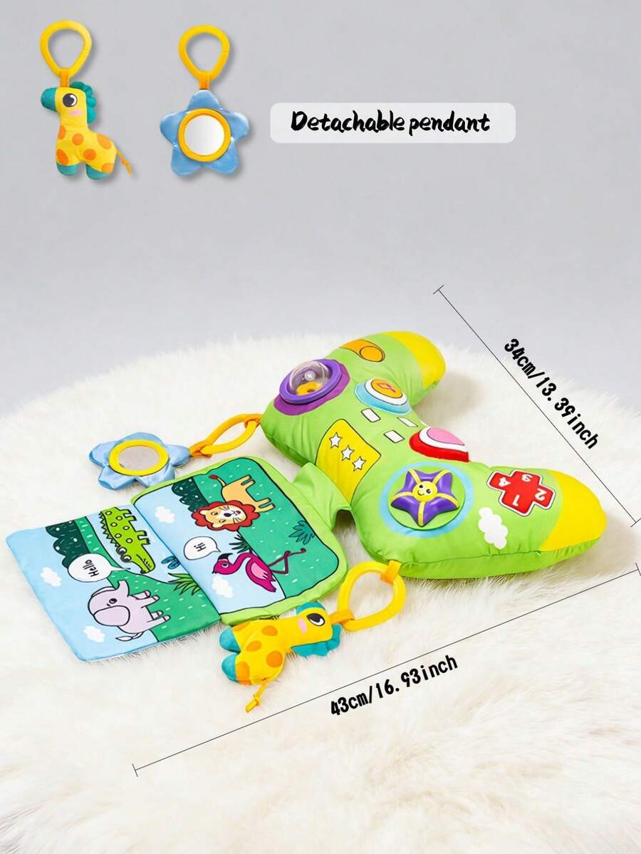 Multifunctional Newborn Sensory Plush Doll, Game Controller Design With Built-In Rattle, Cloth Book And Funny Mirror, In