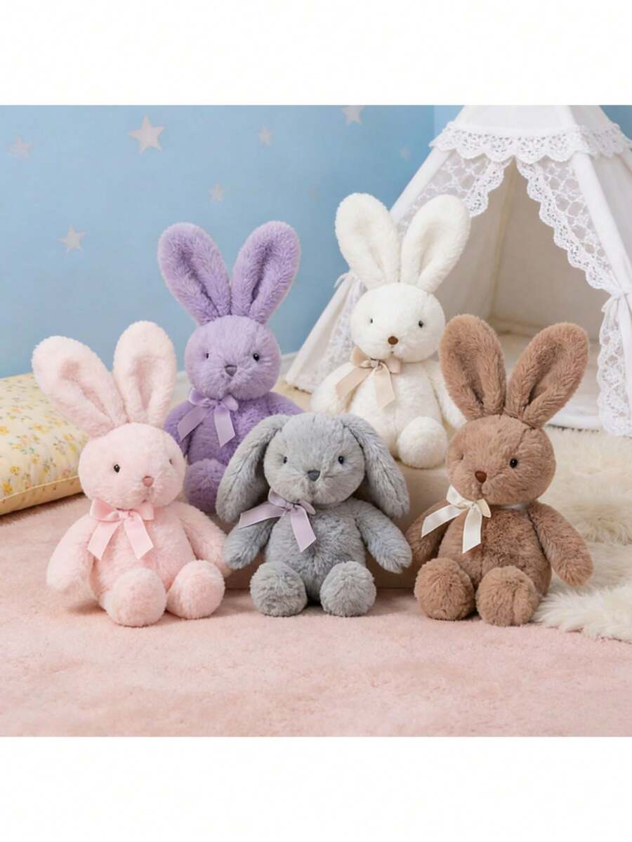 Easter Bunny Plush Doll, Soft Long-Eared Cartoon Rabbit With Bow, Purple, White, Pink, Grey, Brown Options, Huggable Com