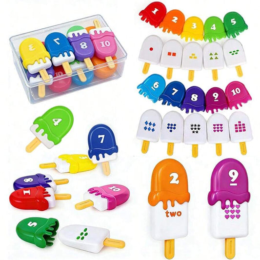 Preschool Learning Toy, Popsicle Number 1-10 And Word Recognition Learning Toy, For Counting, Number And Color Matching,