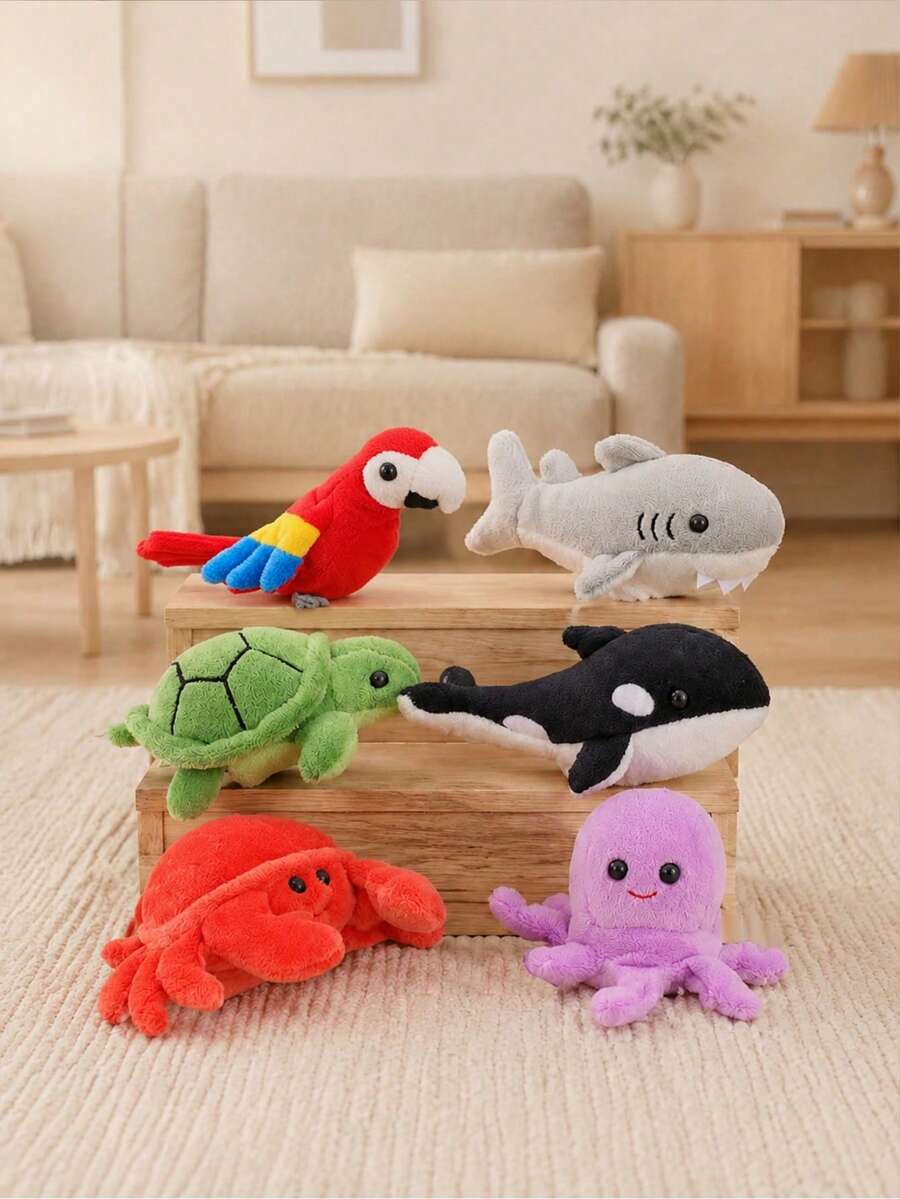 1pc Fun Ocean Series Animal Finger Puppets Plush Toys Mini Shark Orca Turtle Crab Octopus Owl Peacock Flamingo And Parro