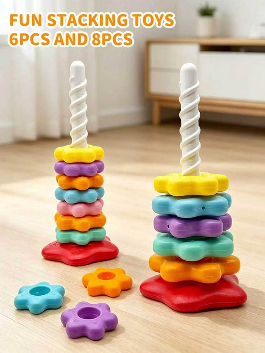 Rainbow Tower Rotating Stacking Toy Colorful Ring Toss Early Educational Puzzle Toy For Kids Shape Matching Color Recogn