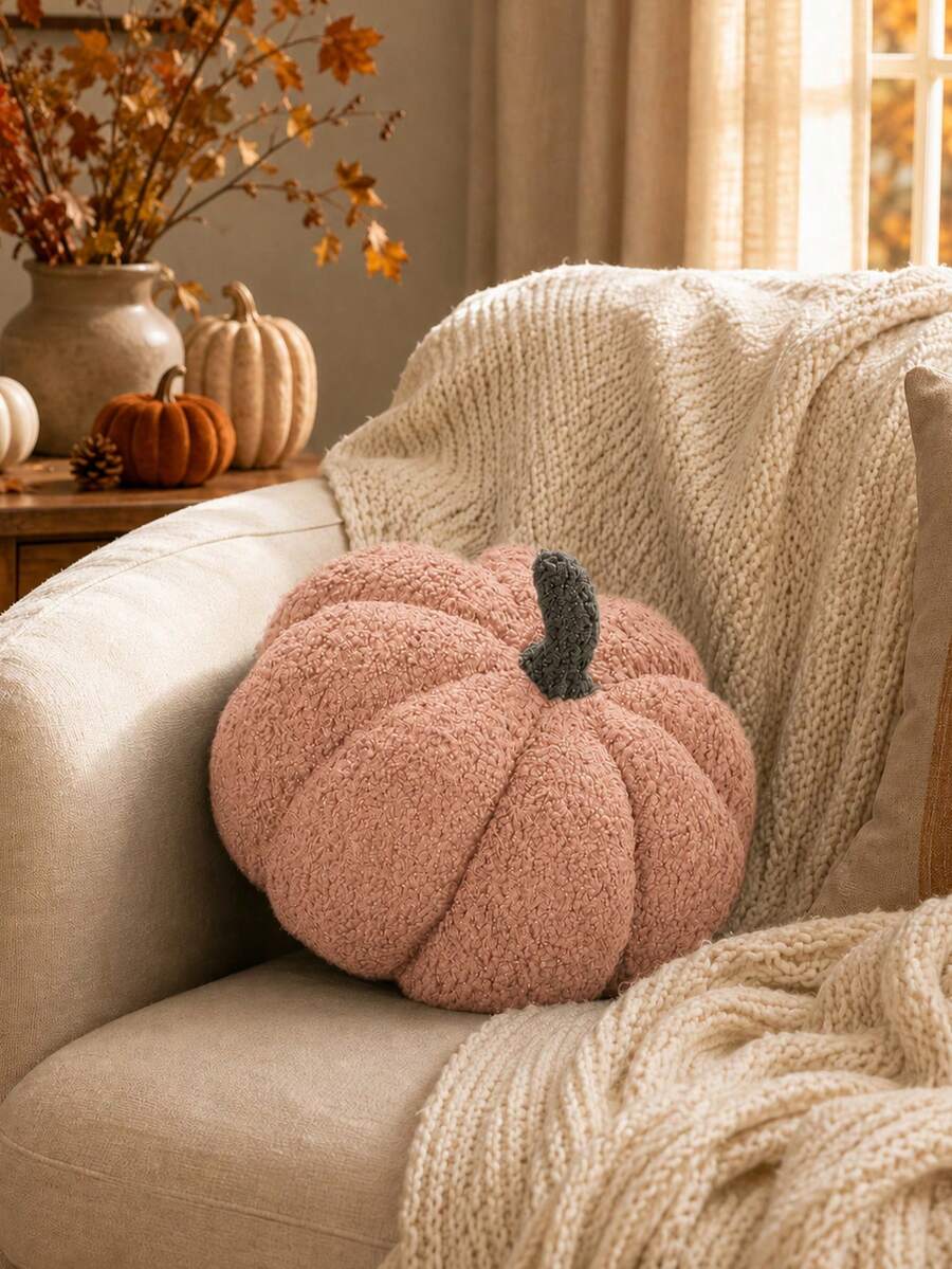 1pc Boucle Textured Plush Pumpkin Decor Figurine Soft Stuffed Pumpkin Sculpture Autumn Harvest Thanksgiving Halloween De