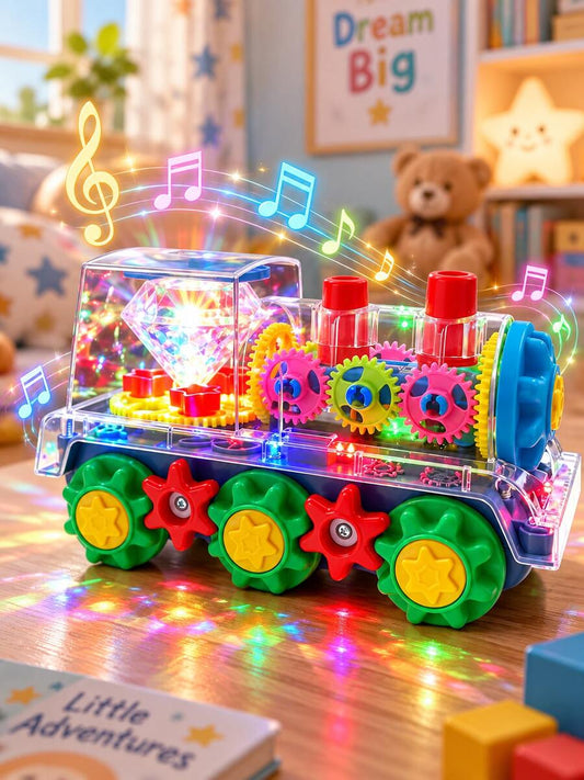 Glowing Transparent Gear Train Toy, Collision Activated Sound & Light, 360 Rotation, Music, Educational Sensory Toy For 