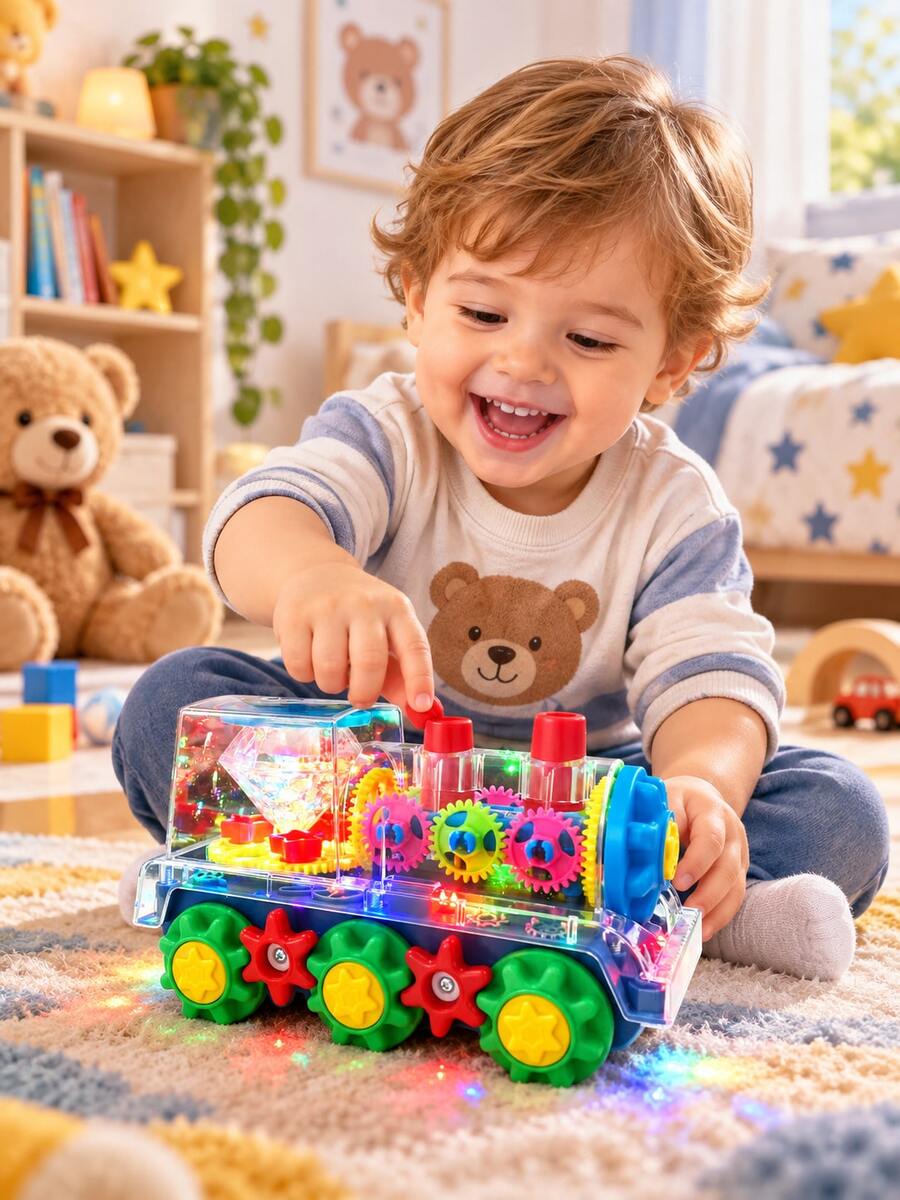 Glowing Transparent Gear Train Toy, Collision Activated Sound & Light, 360 Rotation, Music, Educational Sensory Toy For 