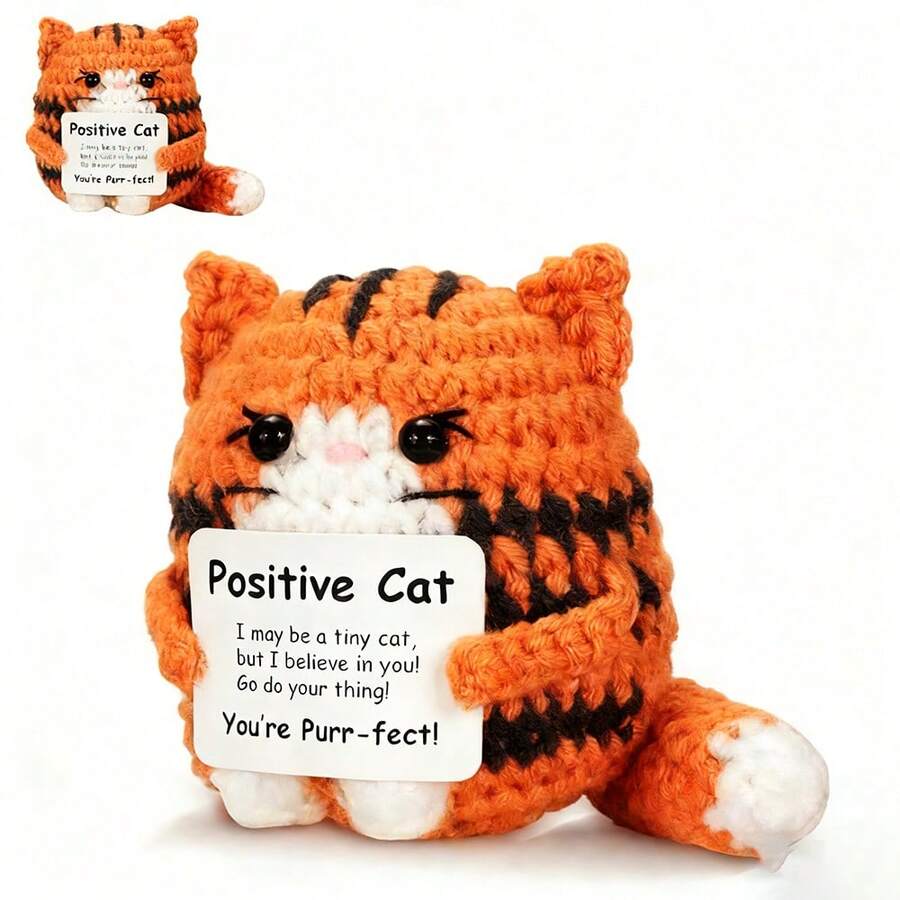 1pc Handmade Crochet Positive Energy Kitten Plush Doll With Inspirational Card Heartwarming Healing Gift Suitable For Bi